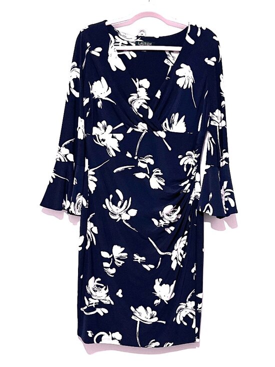 Lauren Ralph Lauren Dresses & Skirts - LRL Ralph Lauren Womens Flare Sleeve Wrap Dress 14 Navy Blue Floral Liquid Knit